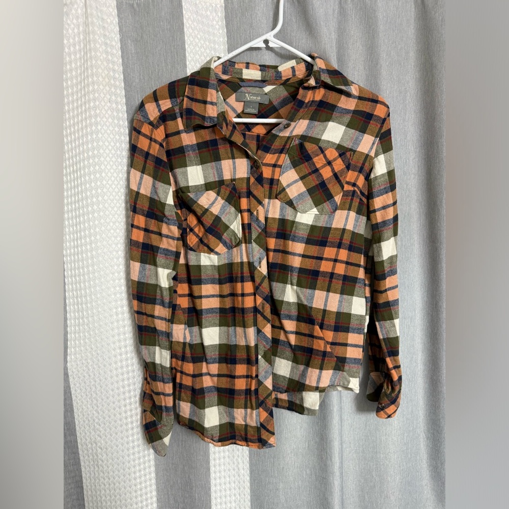 Natural Reflections Plaid Button Down Shirt - Orange, Green, Black, White
